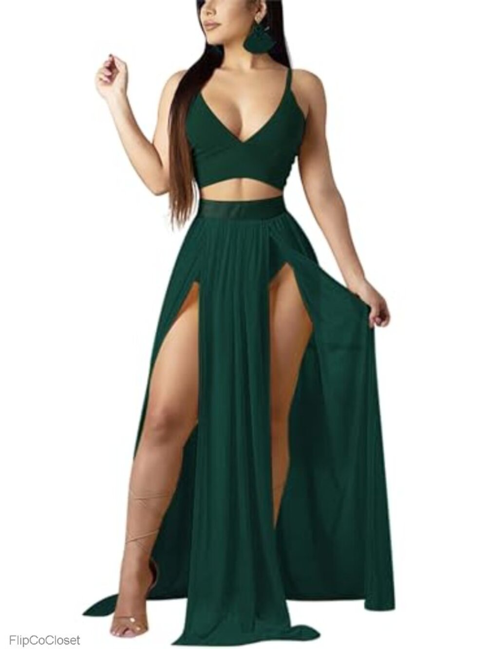 Women's Sexy Chiffon 2 Piece Outfit Deep V Crop Top High Split Maxi Skirt Set